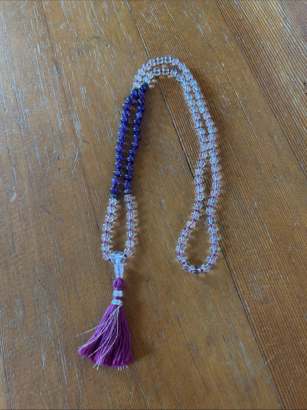 Handmade Amethyst and Crystal beaded Mala silk Tassel bohemian yoga Buddhist